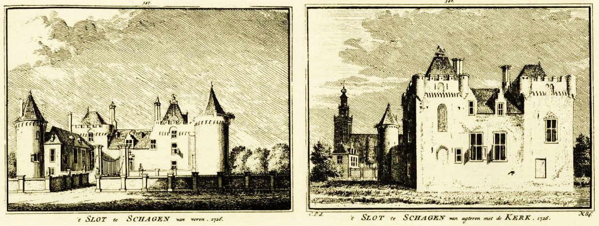 Twee tekeningen van het Slot van Schagen van C. Pronk en H. Spilman.