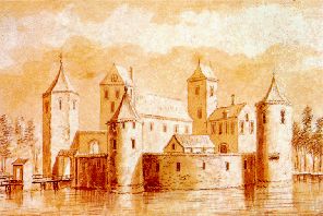 An image of Torenburg Castle, made by A. Rademaker in the 18th century. This drawing is based on the artist's imagination.