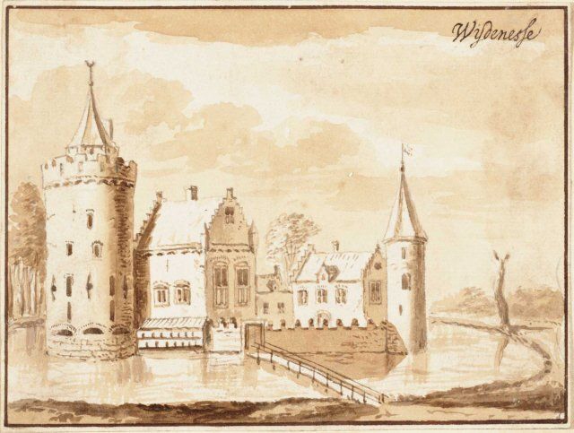 Een, op fantasie gebaseerde, tekening van het slot van Wijdenes door Jacobus Stellingwerf (1667-1727) naar Andries Schoemaker (17e eeuw).